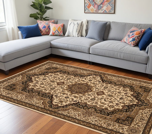 7' X 9' Black and Ivory Oriental Power Loom Area Rug