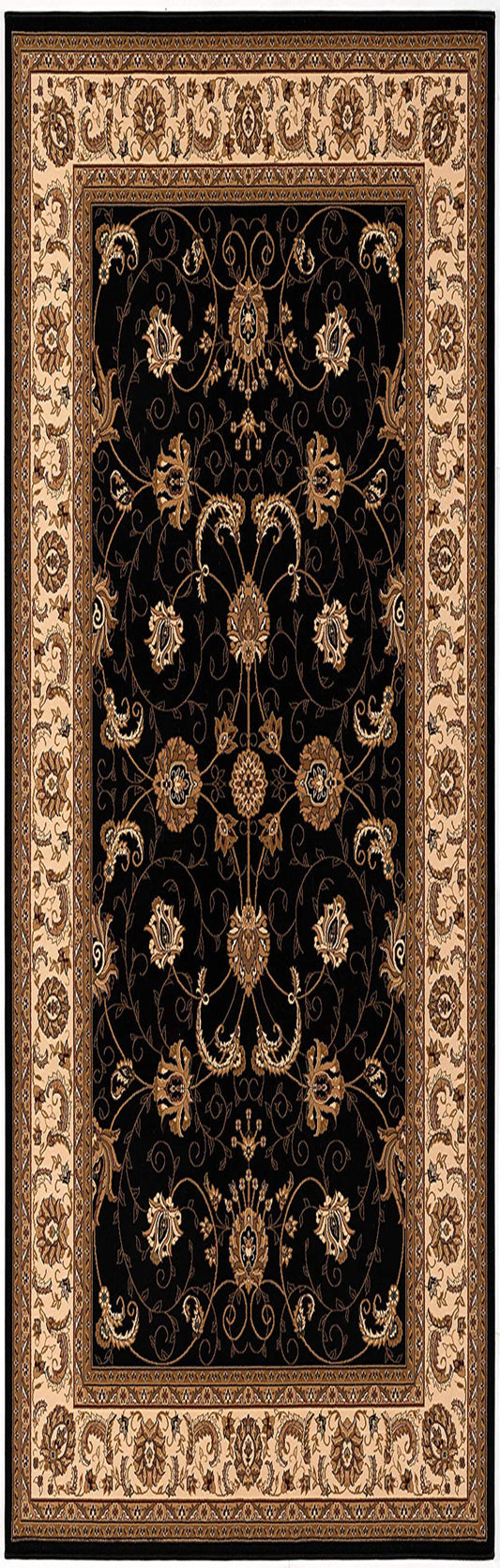 2’ x 10’ Black and Tan Floral Vines Runner Rug