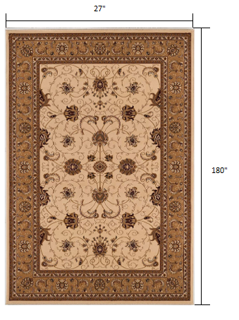 15' Runner Beige and Ivory Oriental Power Loom Runner Rug