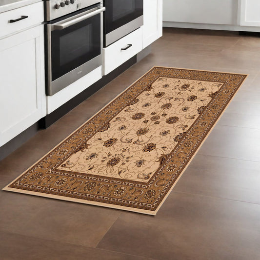 8' Runner Beige and Ivory Oriental Power Loom Runner Rug