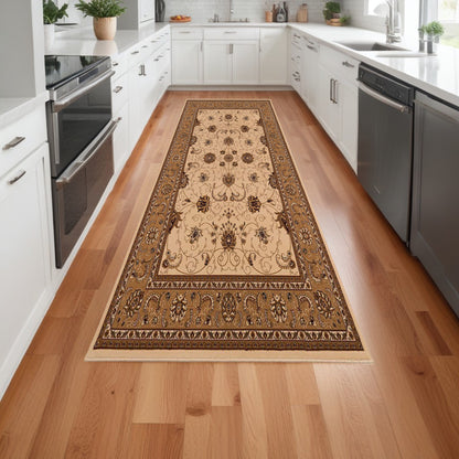 15' Runner Beige and Ivory Oriental Power Loom Runner Rug