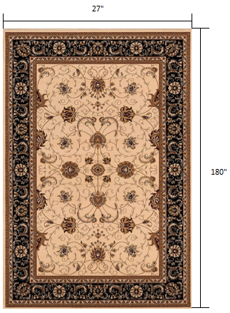 15' Runner Black and Ivory Oriental Power Loom Runner Rug