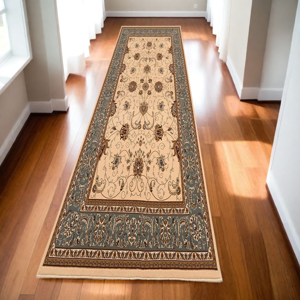 10' Runner Blue and Ivory Oriental Power Loom Runner Rug - 0.6" (L) x 120.0" (W) x 27.0" (H)