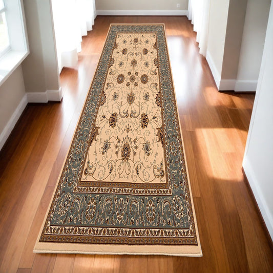 10' Runner Blue and Ivory Oriental Power Loom Runner Rug - 0.6" (L) x 120.0" (W) x 27.0" (H)