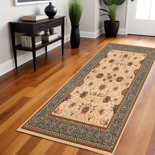 8' Runner Blue and Ivory Oriental Power Loom Runner Rug