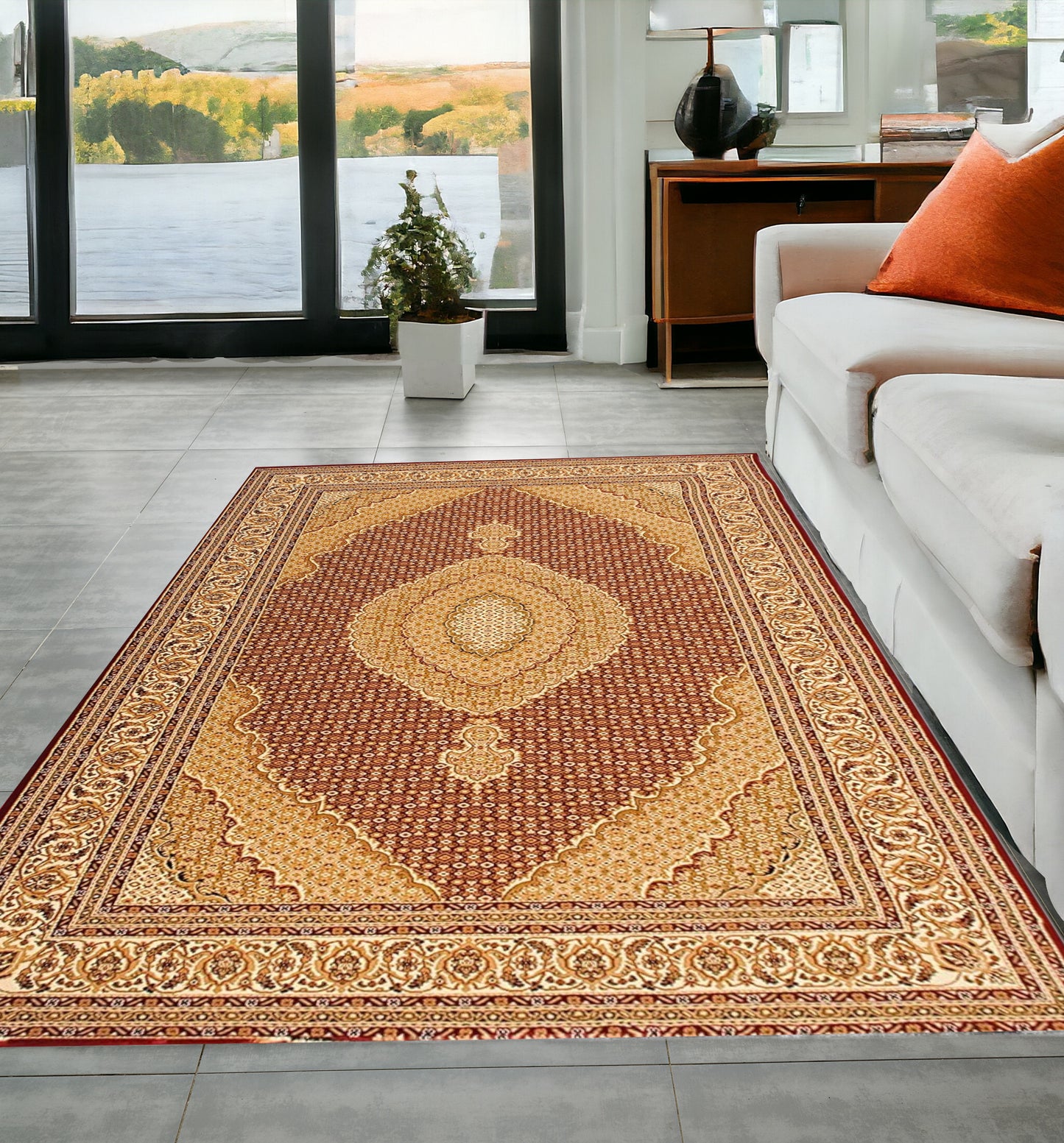 4' X 6' Red and Beige Oriental Power Loom Area Rug