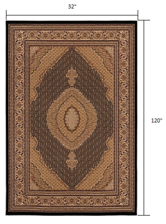 2’ x 10’ Black and Beige Medallion Runner Rug