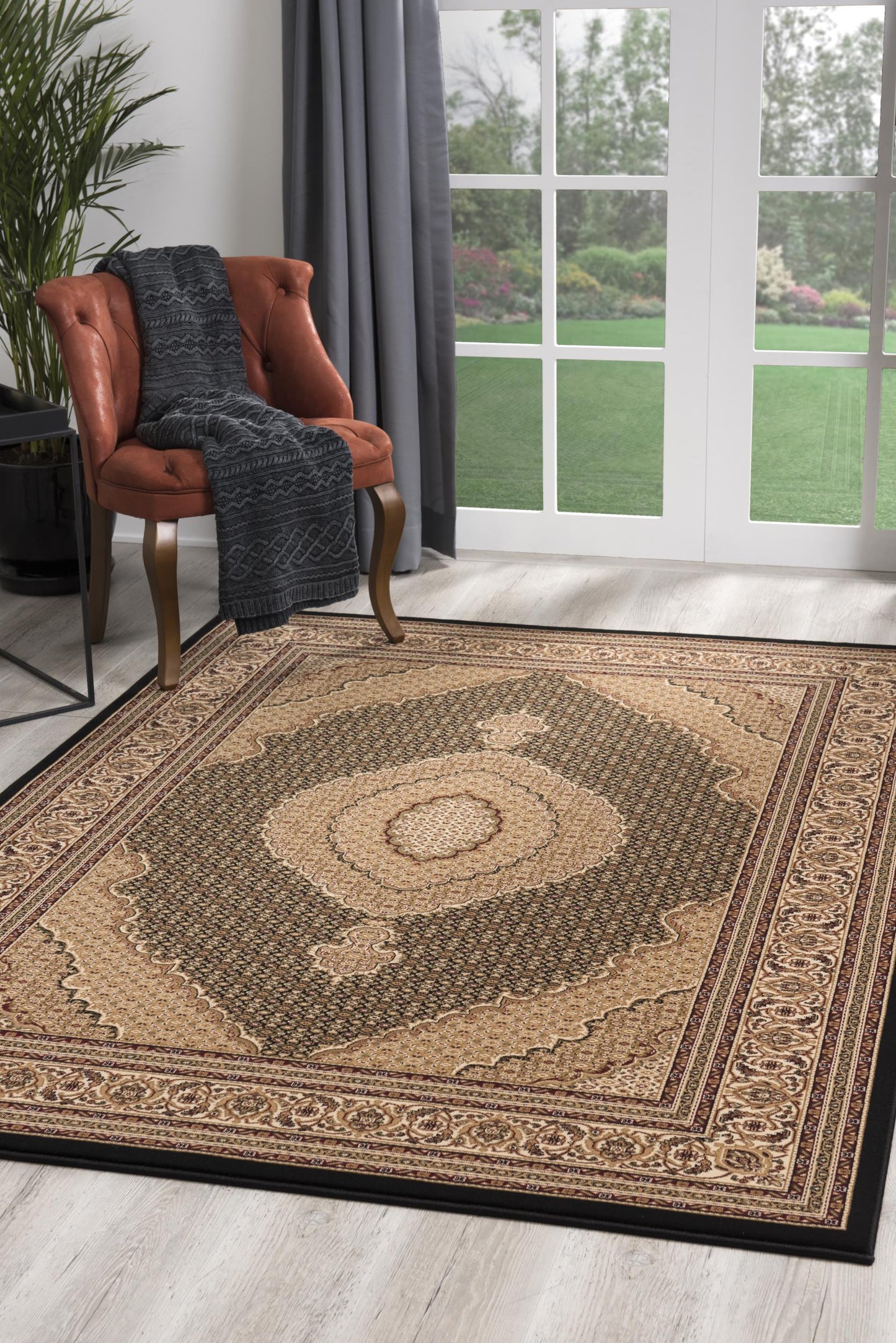 2’ x 10’ Black and Beige Medallion Runner Rug