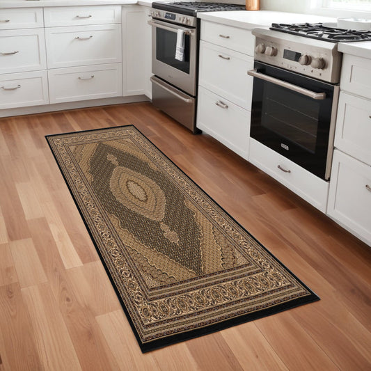 8' Runner Beige and Black Medallion Power Loom Runner Rug - 32.0" (H) x 96.0" (W) x 0.6" (D)