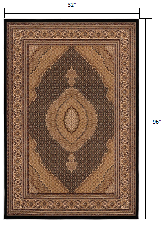 2’ x 10’ Black and Beige Medallion Runner Rug