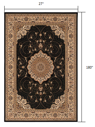 2’ x 10’ Black and Beige Embellished Runner Rug