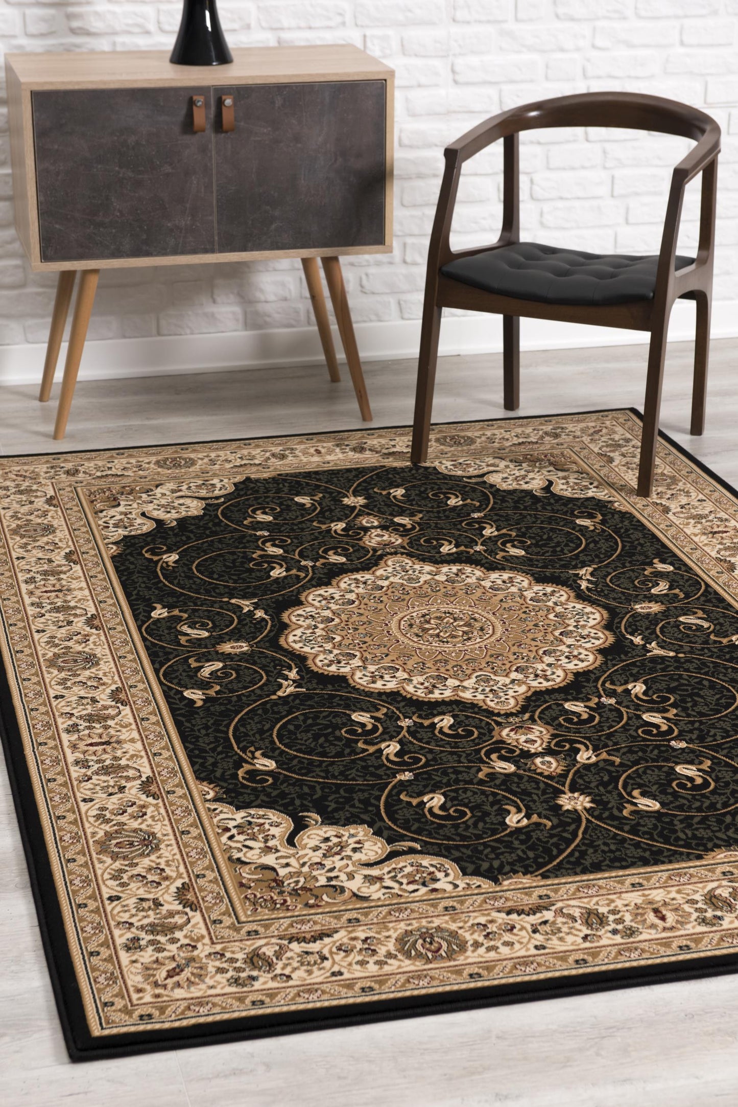 5' X 8' Beige and Black Medallion Power Loom Area Rug