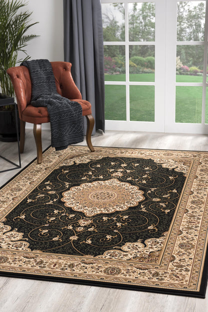 5' X 8' Beige and Black Medallion Power Loom Area Rug