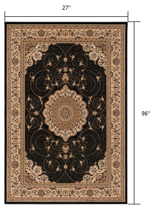 2’ x 10’ Black and Beige Embellished Runner Rug