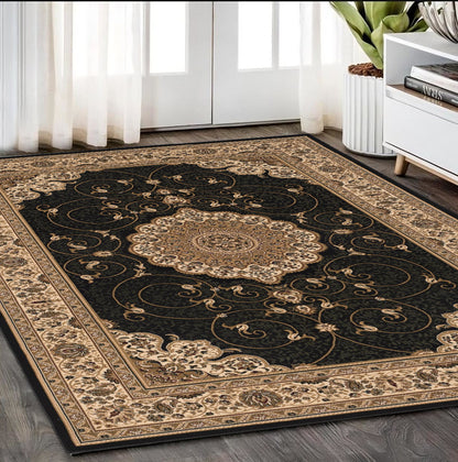 5' X 8' Beige and Black Medallion Power Loom Area Rug