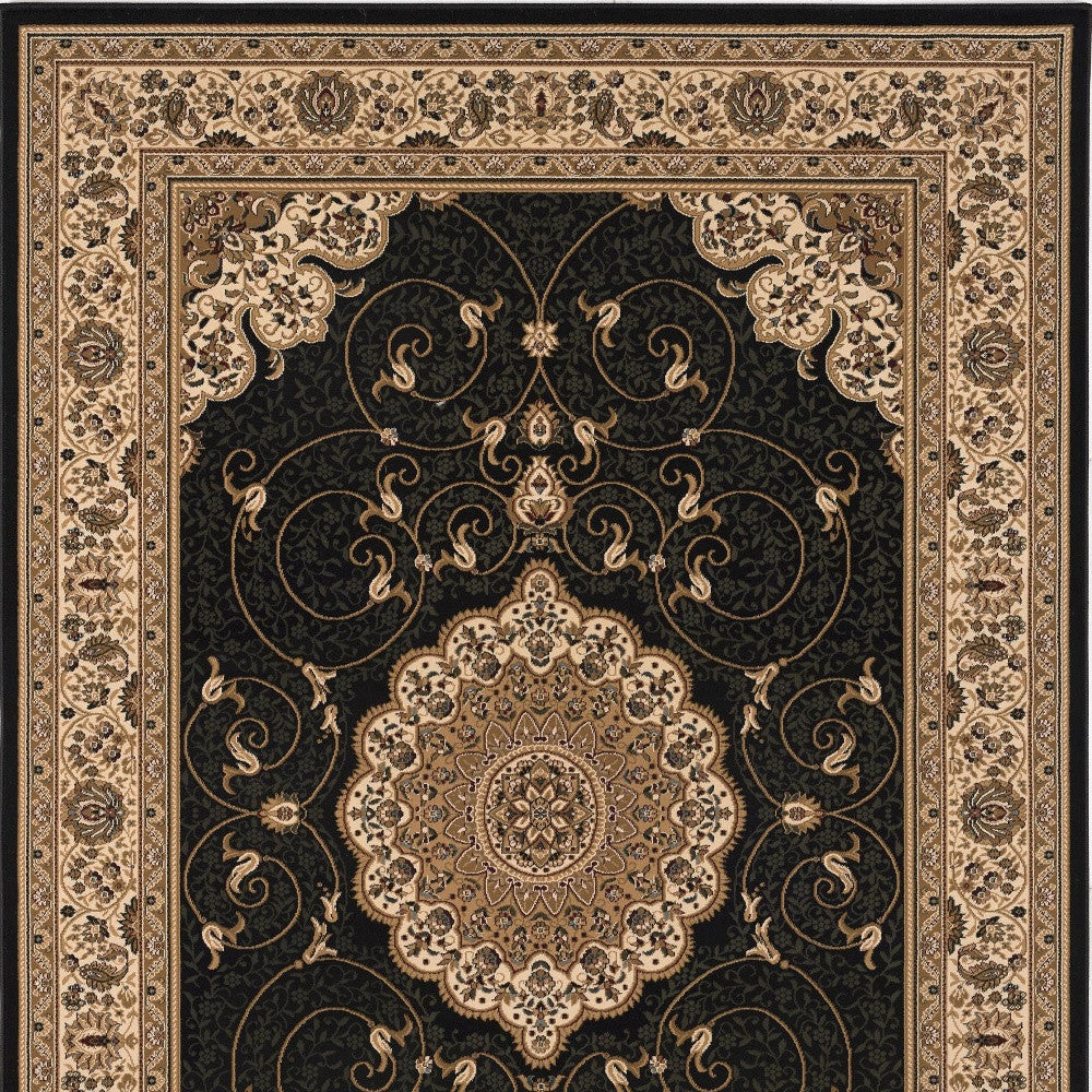 5' X 8' Beige and Black Medallion Power Loom Area Rug