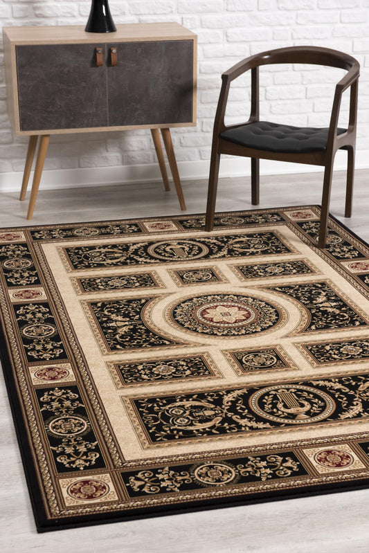 7’ x 9’ Black and Beige Traditional Geometric Area Rug