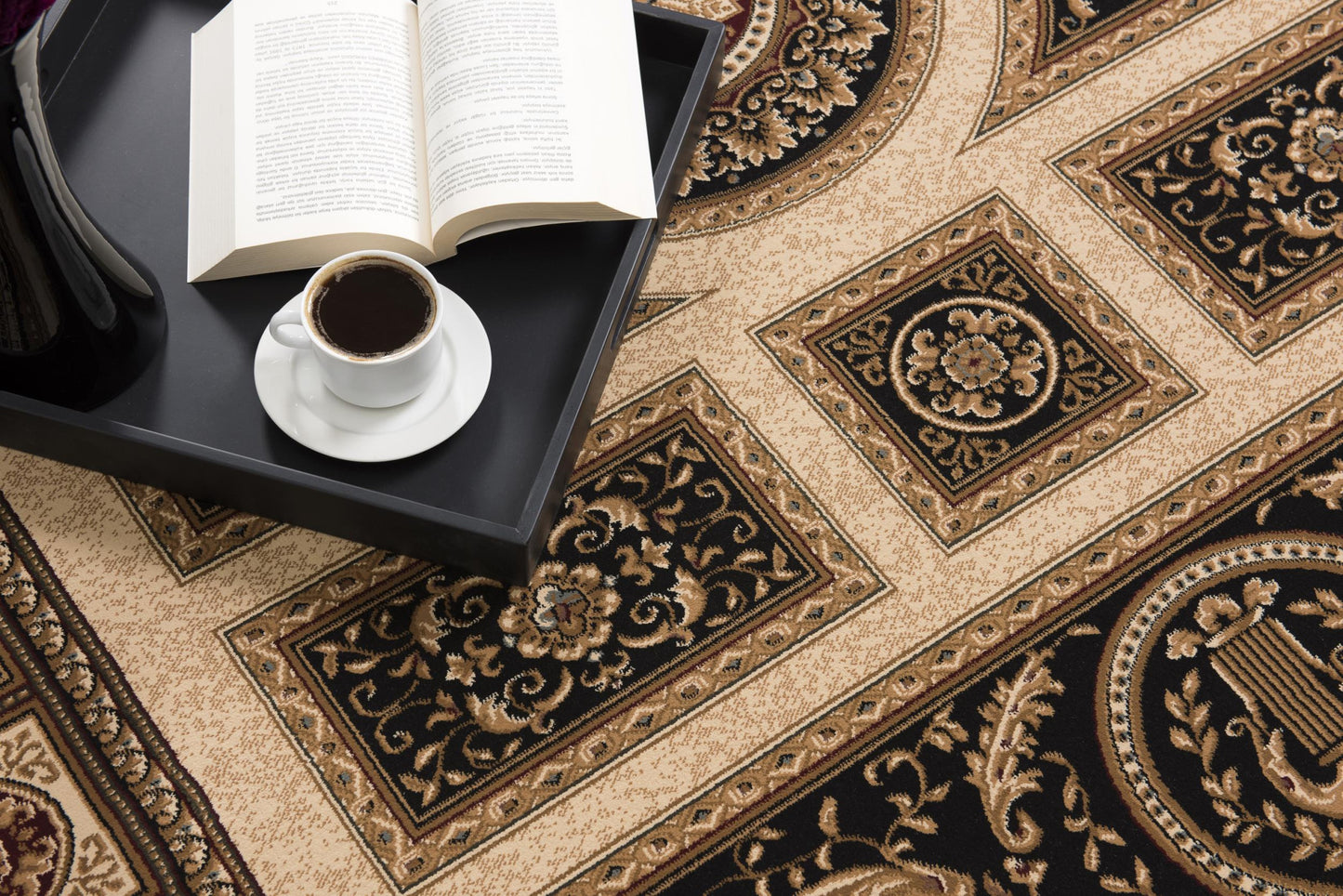 7’ x 9’ Black and Beige Traditional Geometric Area Rug