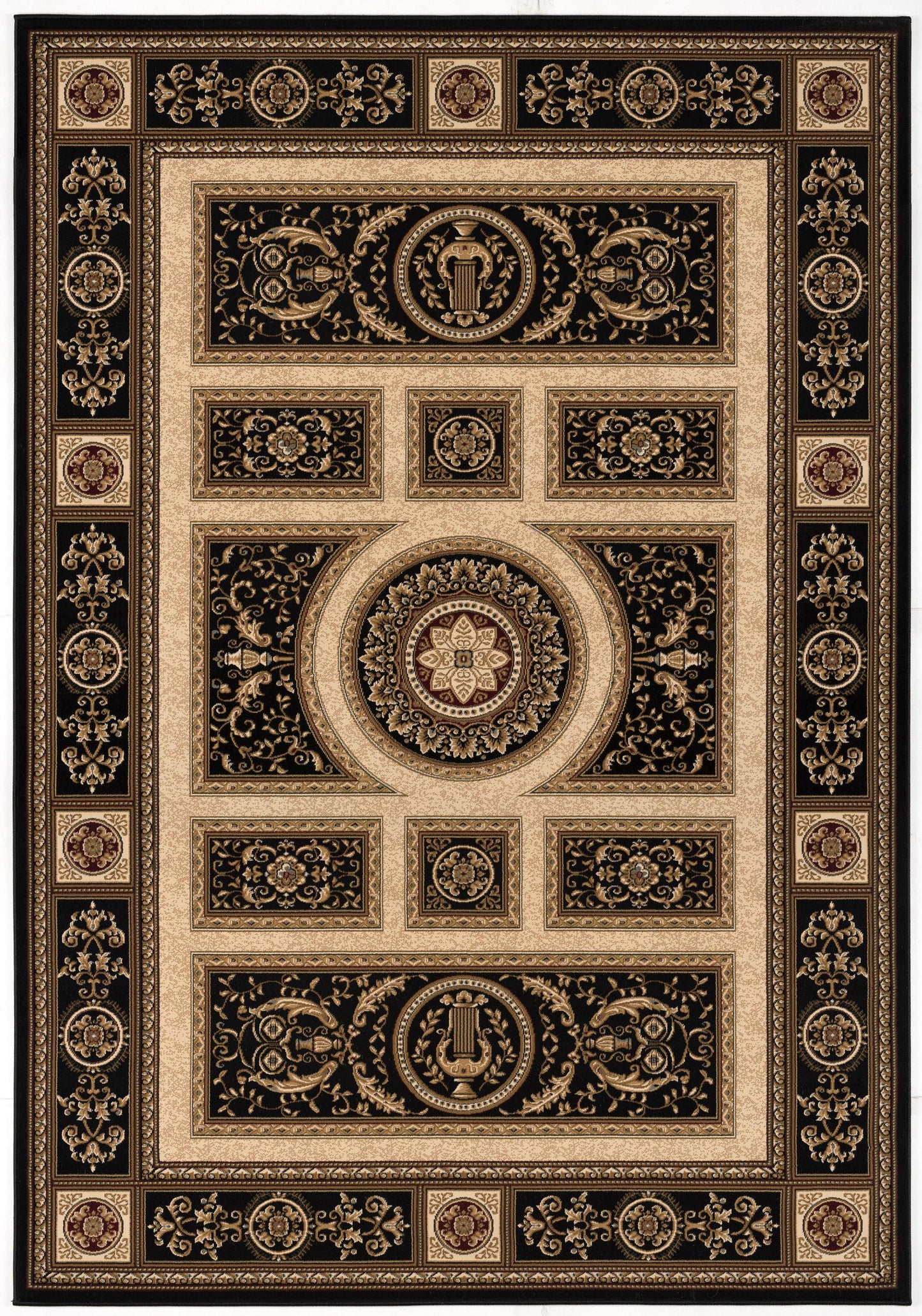 7’ x 9’ Black and Beige Traditional Geometric Area Rug