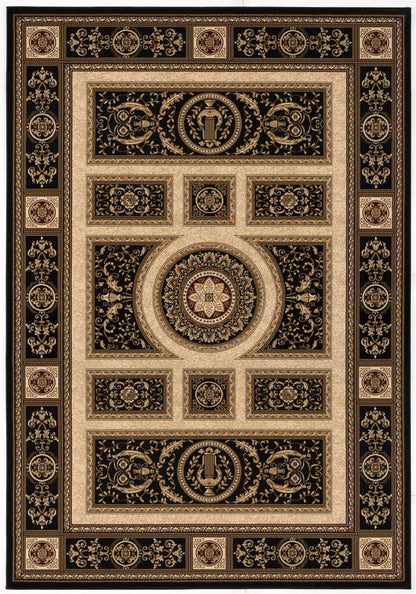 7’ x 9’ Black and Beige Traditional Geometric Area Rug