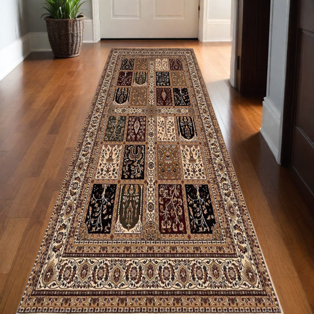 10' Runner Beige and Black Oriental Power Loom Runner Rug