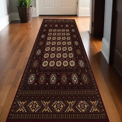 13' Runner Red and Ivory Floral Medallion Power Loom Runner Rug