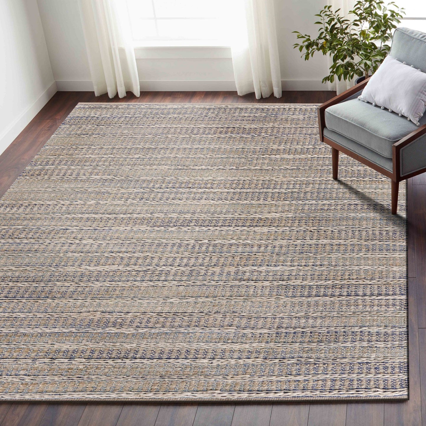 5’ x 8’ Blue and Cream Braided Jute Area Rug