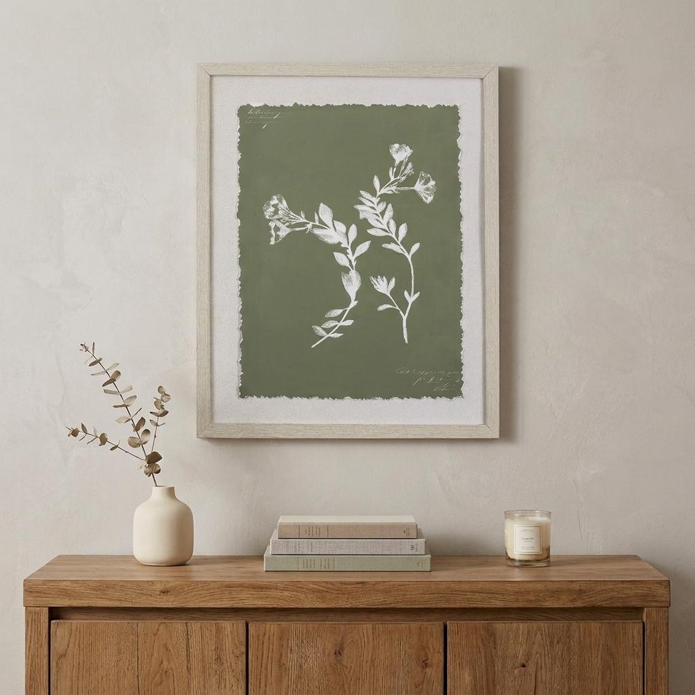 Moss Green and White Botanical Flowers 1 Wall Art — view 3