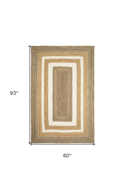 5’ x 8’ Tan and White Multiple Bordered Area Rug