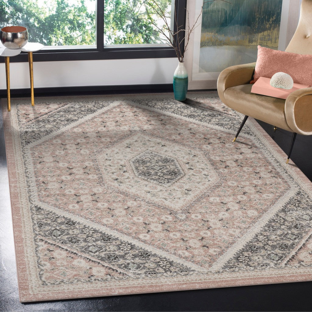 5’ x 7’ Gray and Soft Pink Traditional Area Rug