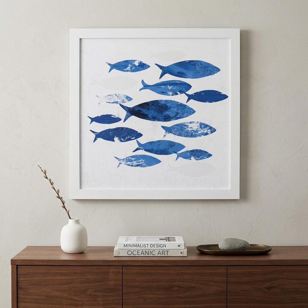 27" x 27" Marble Blue School of Fish Framed Wall Art