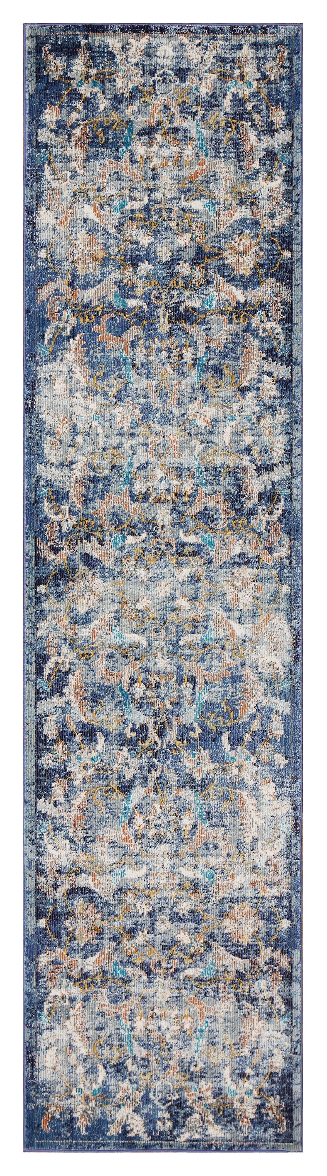 2’ x 9’ Blue and White Jacobean Pattern Runner Rug