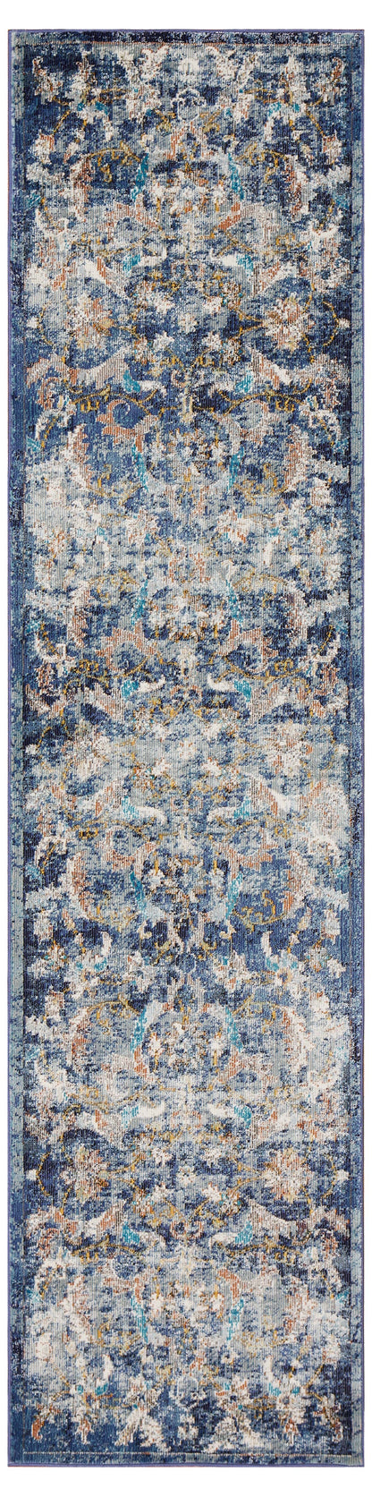 2’ x 9’ Blue and White Jacobean Pattern Runner Rug