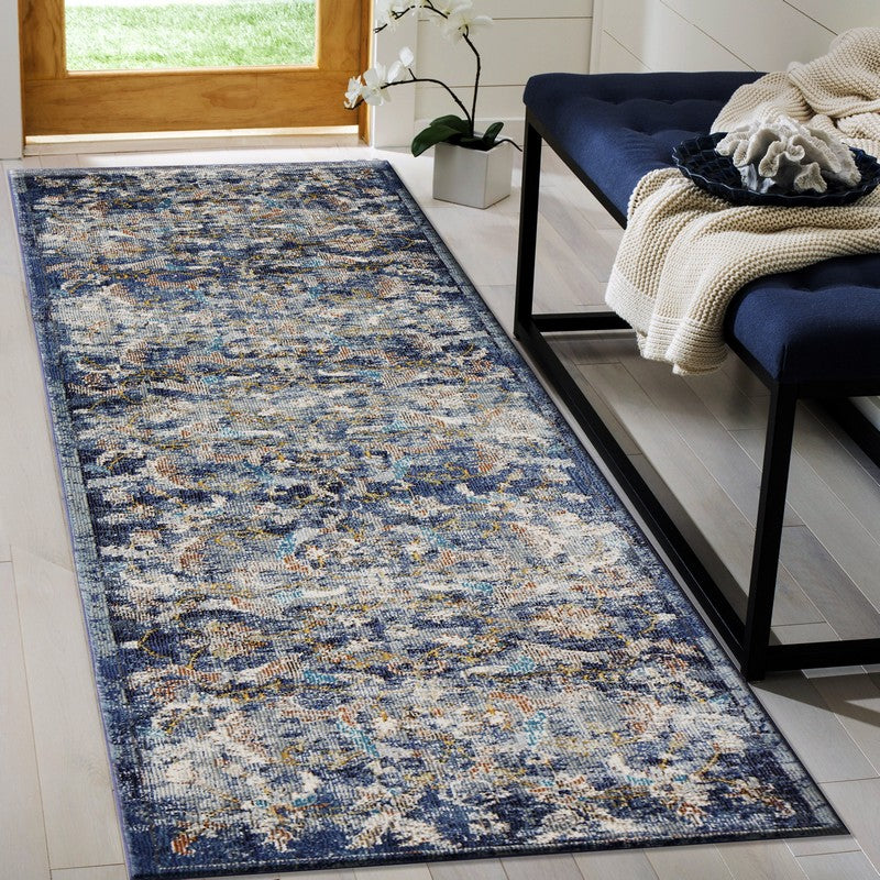 2’ x 9’ Blue and White Jacobean Pattern Runner Rug