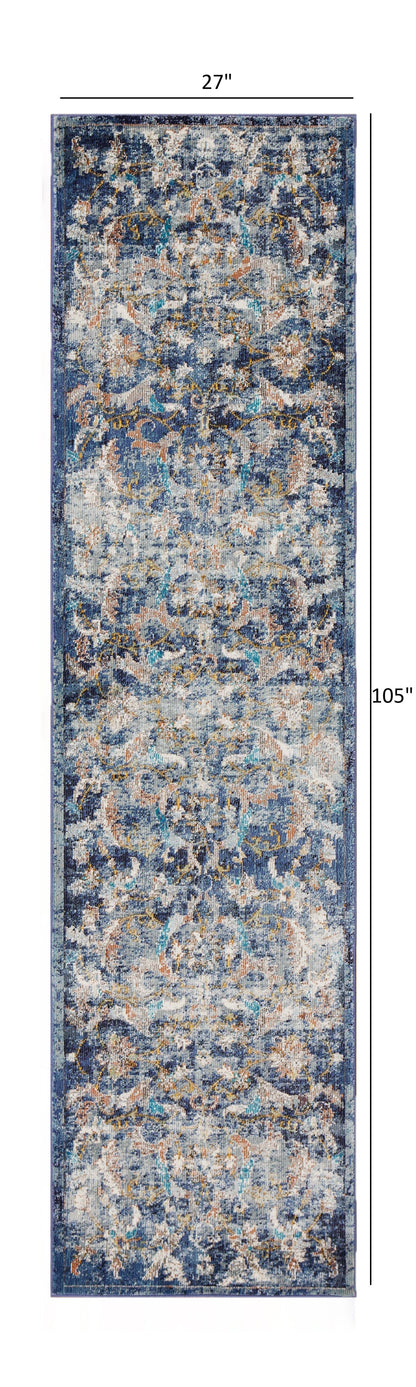 2’ x 9’ Blue and White Jacobean Pattern Runner Rug