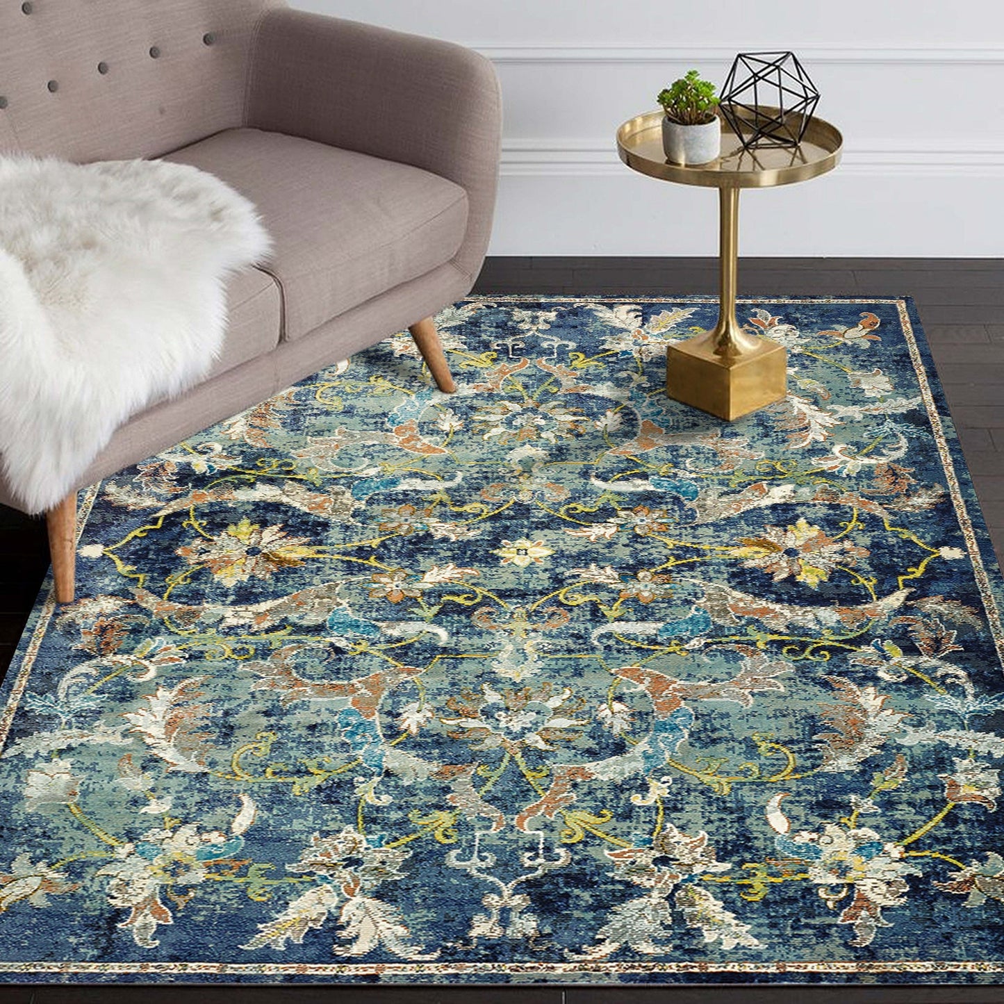 2’ x 9’ Blue and White Jacobean Pattern Runner Rug