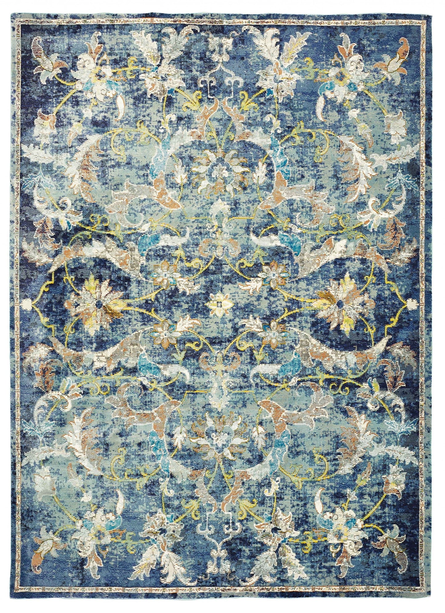 2’ x 9’ Blue and White Jacobean Pattern Runner Rug