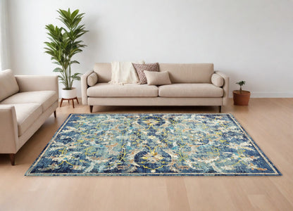 9' X 12' Blue and White Jacobean Pattern Area Rug - 105.0" (H) x 141.0" (W) x 0.4" (D)