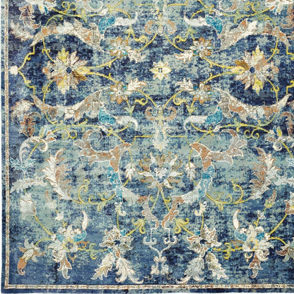 9' X 12' Blue and White Jacobean Pattern Area Rug - 105.0" (H) x 141.0" (W) x 0.4" (D)