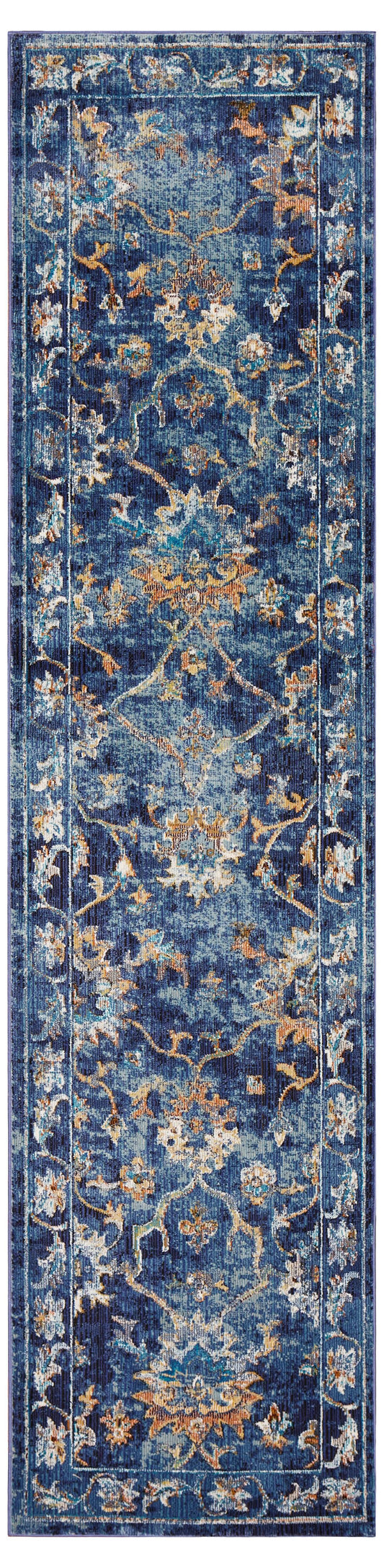 2’ x 9’ Blue and Gold Jacobean Runner Rug