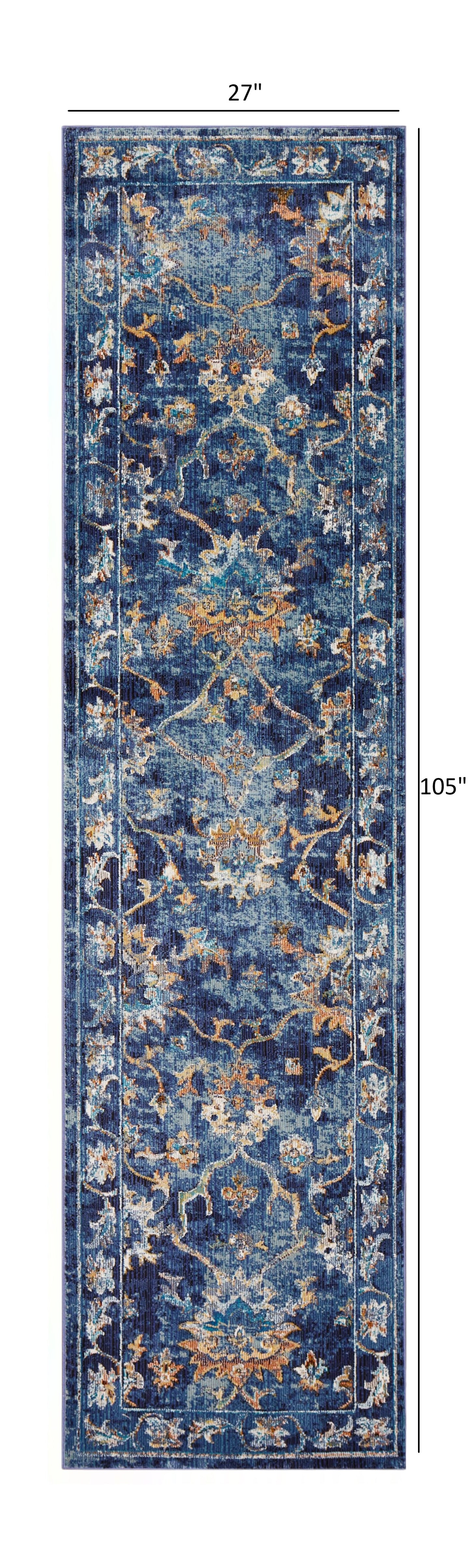 2’ x 9’ Blue and Gold Jacobean Runner Rug