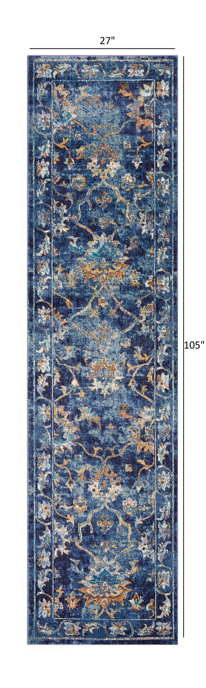 2’ x 9’ Blue and Gold Jacobean Runner Rug