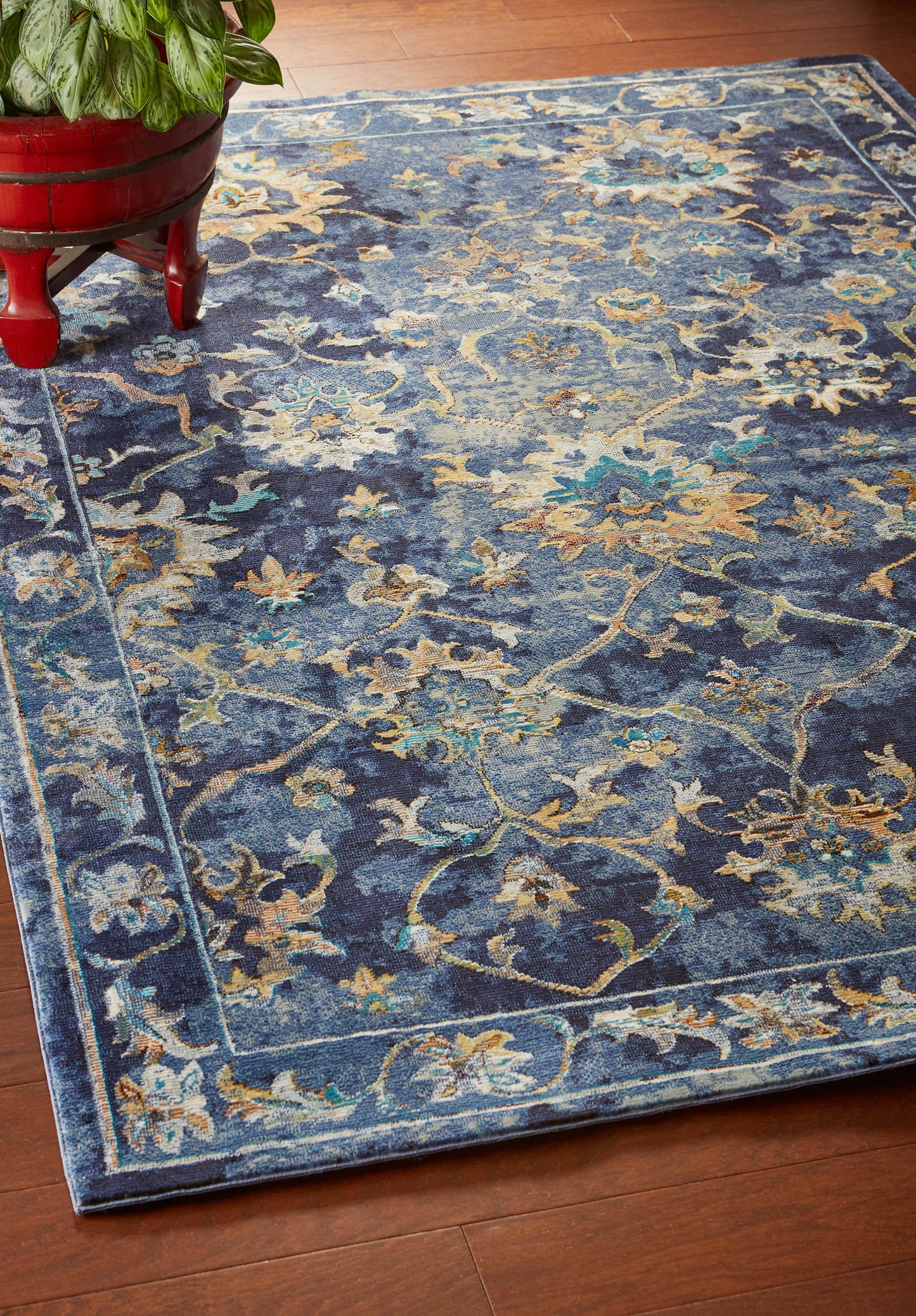 2’ x 9’ Blue and Gold Jacobean Runner Rug