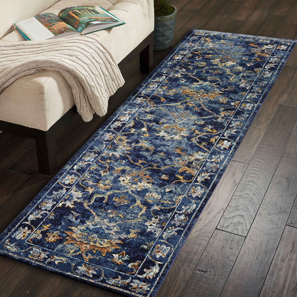 2’ x 9’ Blue and Gold Jacobean Runner Rug