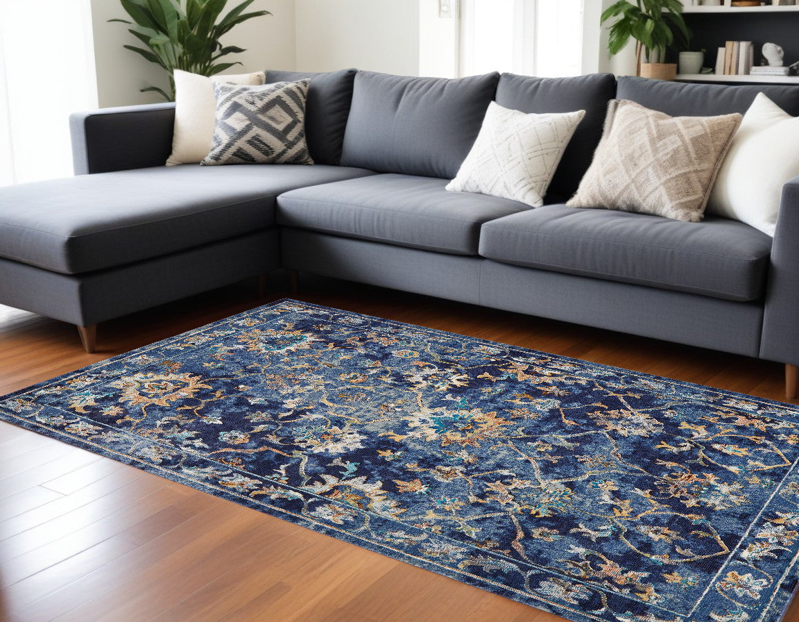 9' X 12' Blue Aqua and Gold Floral Distressed Area Rug - 105.0" (H) x 141.0" (W) x 0.4" (D)