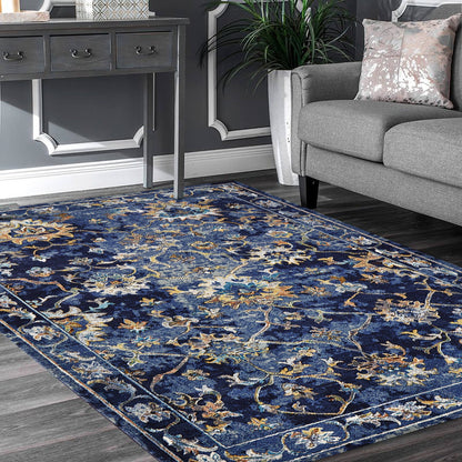 2’ x 9’ Blue and Gold Jacobean Runner Rug