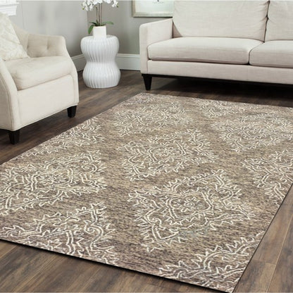 9’ x 12’ Khaki and White Damask Area Rug