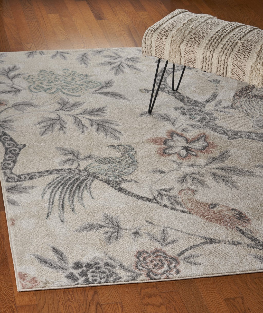 5’ x 7’ Soft Beige Birds and Trees Area Rug