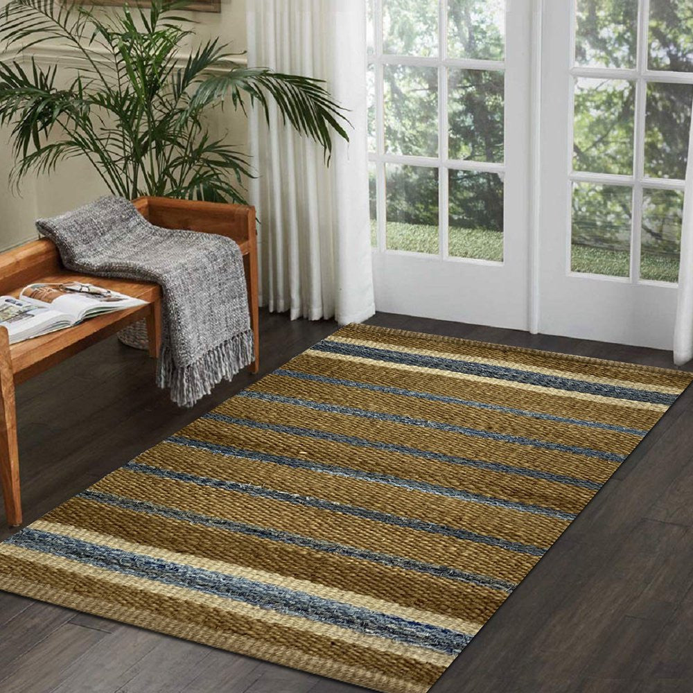 5' X 7' Blue And Brown Dhurrie Hand Woven Area Rug