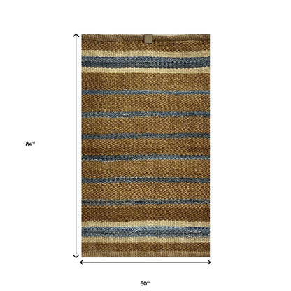 5' X 7' Blue And Brown Dhurrie Hand Woven Area Rug